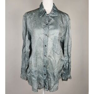 Chico's Design Crinkle Blouse Women's 2/Large Silver 100% Silk Button Front